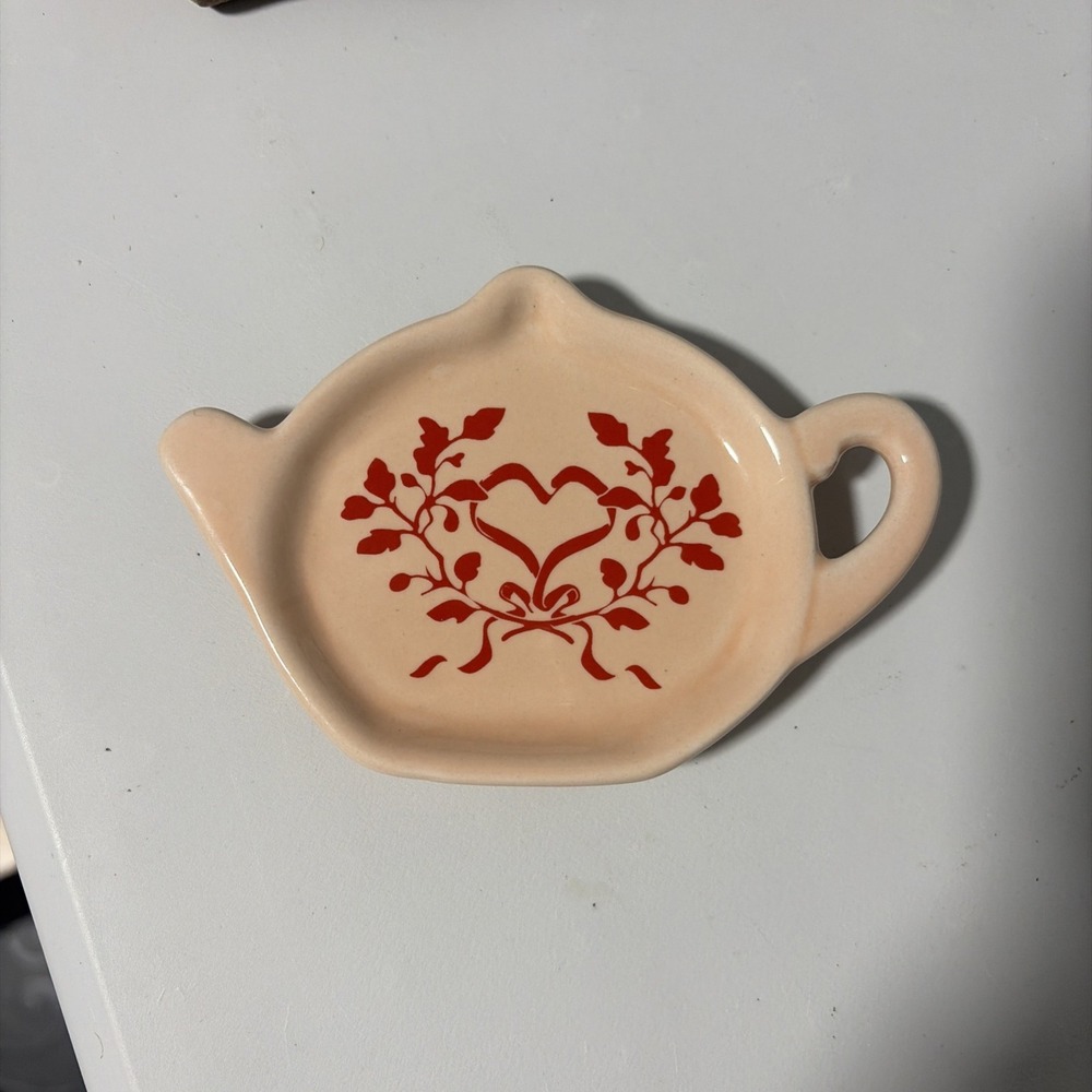 Bridgerton Coral Pink Ceramic Teapot Tea Bag Holder Spoon Rest Mini Heart Design